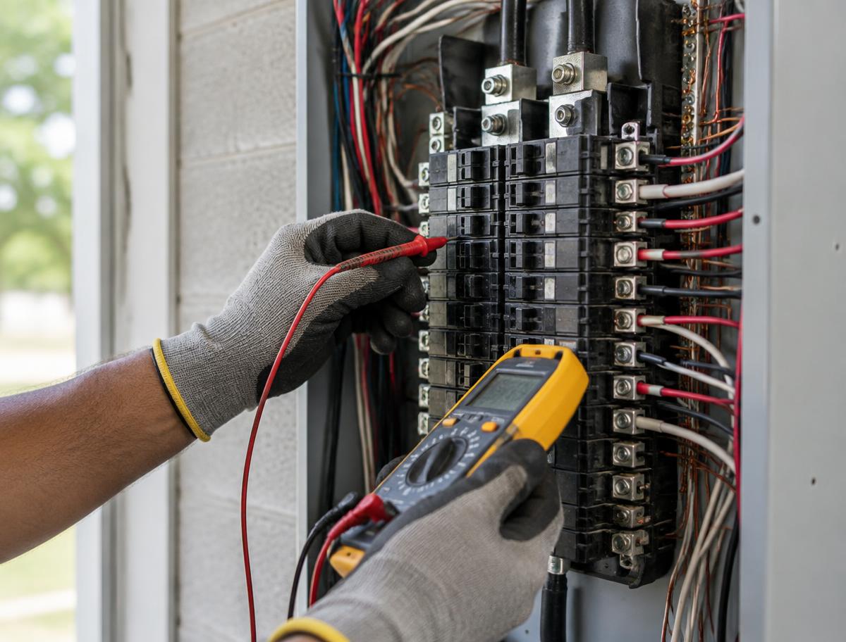 Electrician testing a residential breaker panel